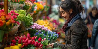 AI generated Woman Examining Flowers at Flower Shop photo