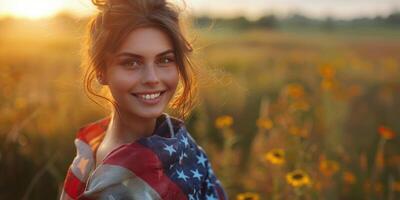 AI generated Woman in American Flag Jacket Smiles photo