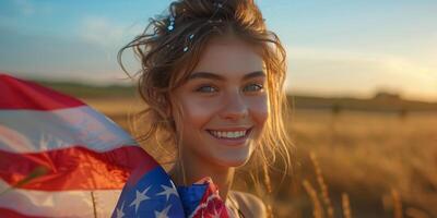 ai generado mujer en americano bandera chaqueta sonrisas foto