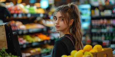 ai generado mujer compras en Produce sección foto