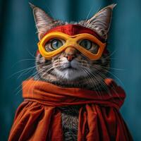 ai generado gato en rojo capa y amarillo máscara foto