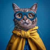 ai generado gato en amarillo capa y azul gafas de protección foto