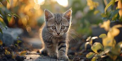 ai generado pequeño gatito caminando en lozano verde bosque foto