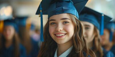 ai generado graduarse niña en gorra y vestido foto