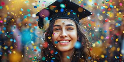 ai generado graduarse mujer rodeado por papel picado foto