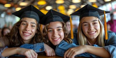 ai generado grupo de personas en graduación tapas y vestidos foto