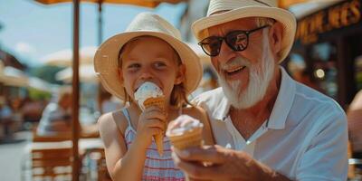 ai generado más viejo hombre y joven niña comiendo hielo crema foto