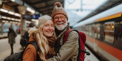 ai generado hombre y mujer en pie por tren foto