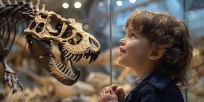 ai generado chico observando dinosaurio esqueleto en museo foto