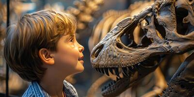 ai generado chico observando dinosaurio esqueleto en museo foto