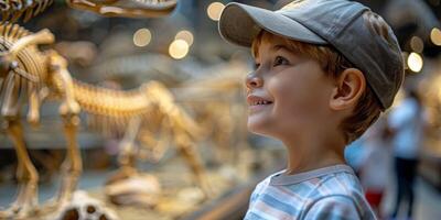 ai generado joven chico maravillas a dinosaurio esqueleto en natural historia museo foto