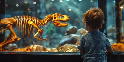ai generado chico observando dinosaurio esqueleto en museo foto