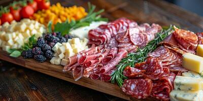 AI generated Assorted Meats and Cheeses on Wooden Platter photo