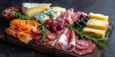 AI generated Assorted Meats and Cheeses on Cutting Board photo