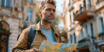 AI generated Man in Yellow Jacket Studying Map photo