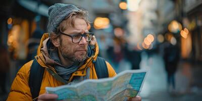 AI generated Man in Yellow Jacket Studying Map photo