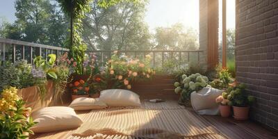 AI generated Lush Porch With Plants and Pillows photo