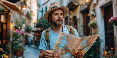 AI generated Man in Yellow Jacket Examining Map photo