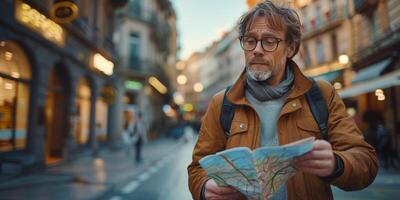AI generated Man in Yellow Jacket Examining Map photo