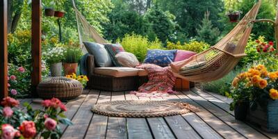 AI generated Hammock on Wooden Deck photo