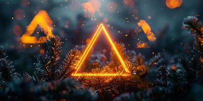 AI generated Neon Triangle Sign in Forest photo