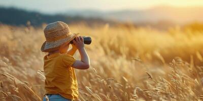 AI generated Little Girl Looking Through Binoculars in Woods photo