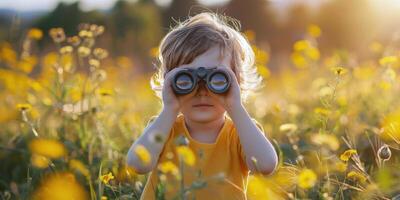 ai generado pequeño niña mirando mediante prismáticos en bosque foto