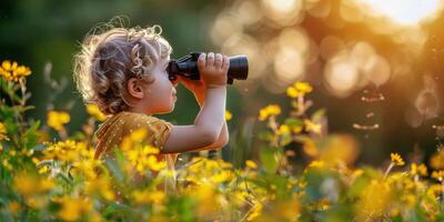 ai generado pequeño niña mirando mediante prismáticos en bosque foto