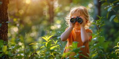 ai generado pequeño niña mirando mediante prismáticos en bosque foto