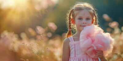 AI generated Little Girl Holding Cotton Candy in Field photo