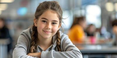 AI generated Young Girl With Arms Crossed Sitting at Table photo