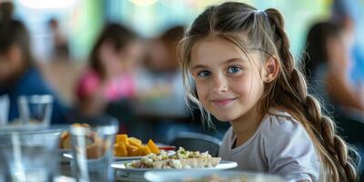 AI generated Young Girl With Arms Crossed Sitting at Table photo