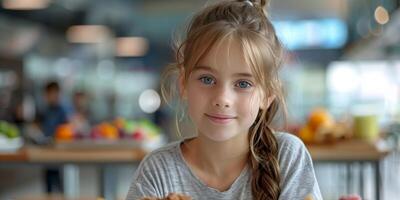 ai generado joven niña sentado a mesa con mano en barbilla foto