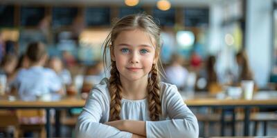 ai generado joven niña sentado a mesa con mano en barbilla foto