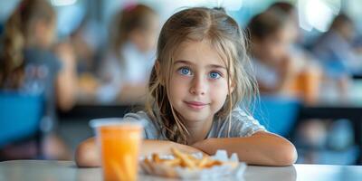 ai generado joven niña sentado a restaurante mesa foto