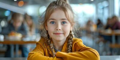 AI generated Young Girl Sitting at Table With Plate of Food photo