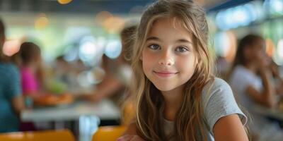 AI generated Young Girl Sitting at Restaurant Table photo