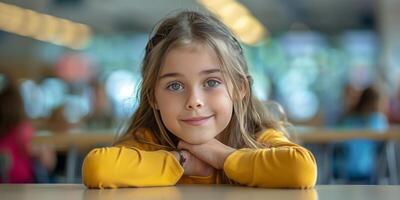 AI generated Young Girl Sitting at Table With Hand on Chin photo