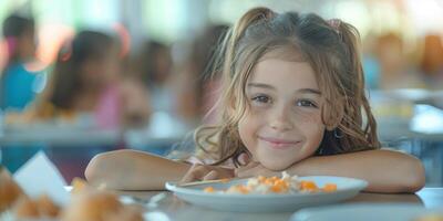 AI generated Little Girl Sitting at Table With Plate of Food photo