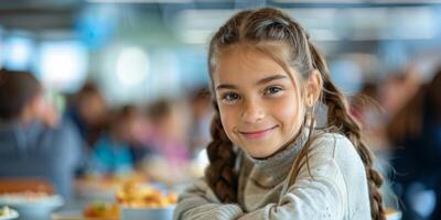 AI generated Young Girl Sitting at Table With Plate of Food photo