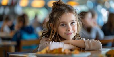 ai generado pequeño niña sentado a mesa con plato de comida foto