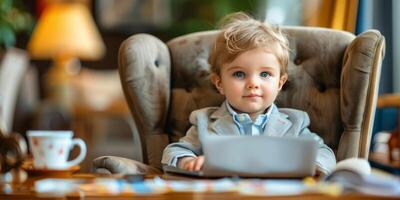 AI generated Young Boy Sitting in Chair With Laptop photo