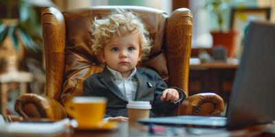 AI generated Young Boy Sitting in Chair With Laptop photo