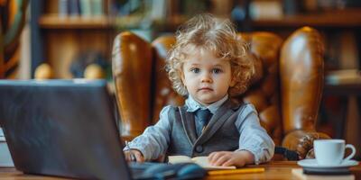 AI generated Young Boy Sitting in Chair With Laptop photo