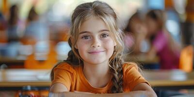 AI generated Young Girl Sitting at Table With Plate of Food photo