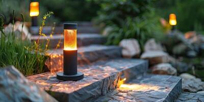 AI generated Illuminated Garden With Rocks and Lanterns photo