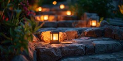 ai generado iluminado jardín con rocas y linternas foto