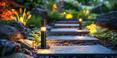 AI generated Illuminated Garden With Rocks and Lanterns photo