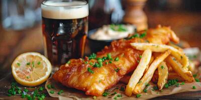 ai generado pescado y papas fritas con lado de papas fritas foto