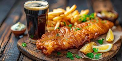 ai generado de madera mesa con comida plato y cerveza vaso foto